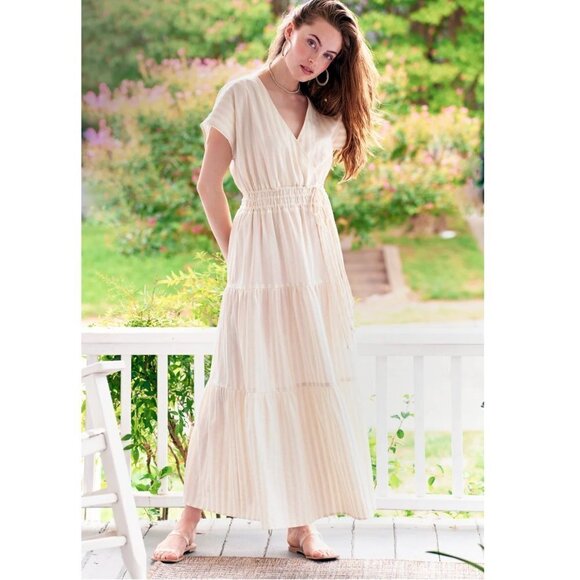 FINLEY Women Tiered Striped Drawstring Maxi Dress Woven Natural White Tan Strip‎ - Picture 1 of 11